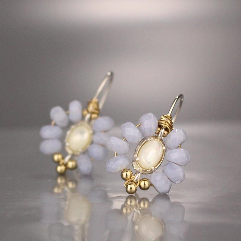 Blue Lace Agate Pearl Flower Earrings