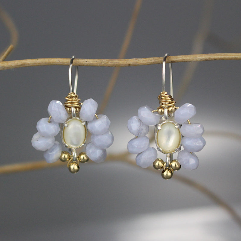 Blue Lace Agate Pearl Flower Earrings