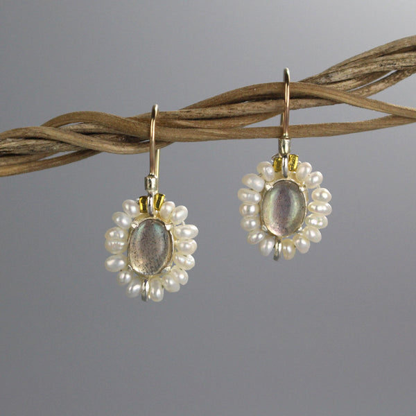 Labradorite Pearl Flower Bridal Earrings
