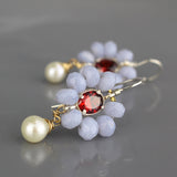 Blue Agate Pearl Flower Earrings
