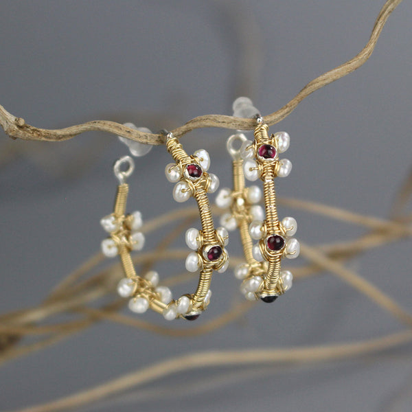 Garnet Pearl Flower Hoop Earrings