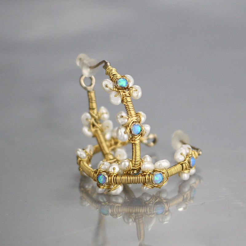 Opal Pearl Flower Hoop Earrings