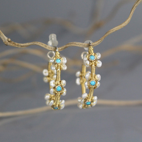 Turquoise Pearl Flower Hoop Earrings