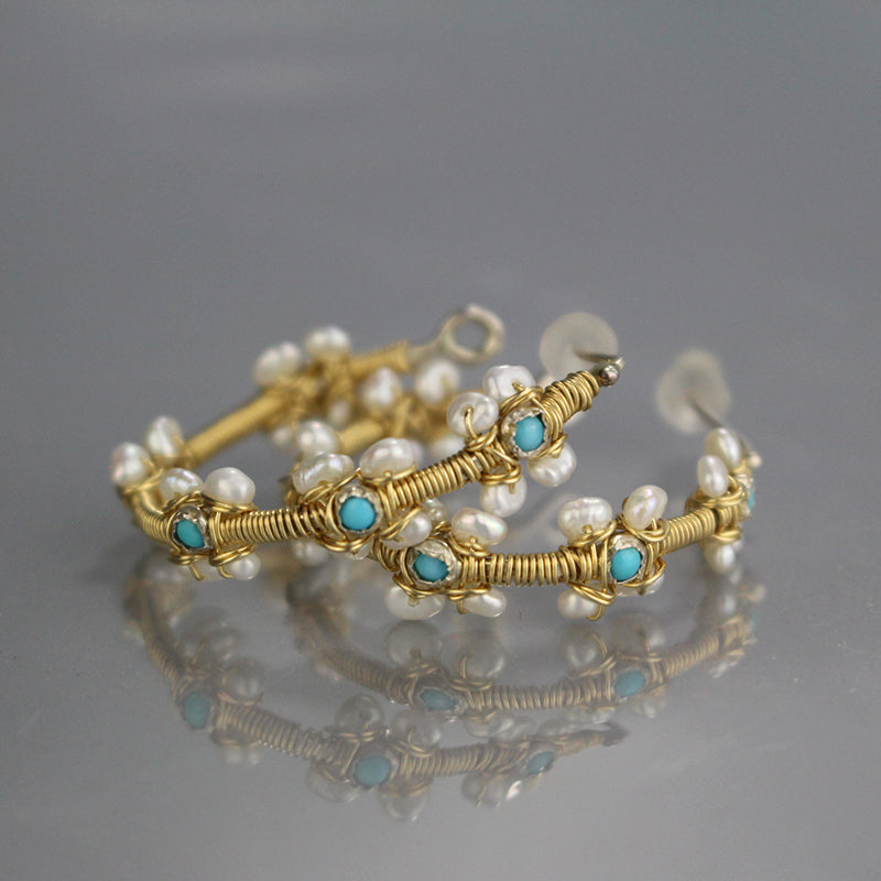 Turquoise Pearl Flower Hoop Earrings
