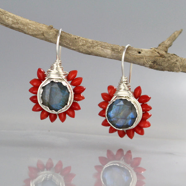 Labradorite Coral Flower Earrings