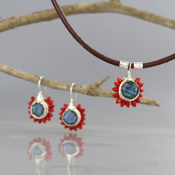 Labradorite Coral  Necklace and Earring Set