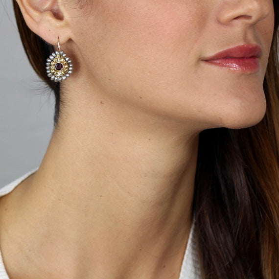Garnet Pearl Small Mandala Earrings