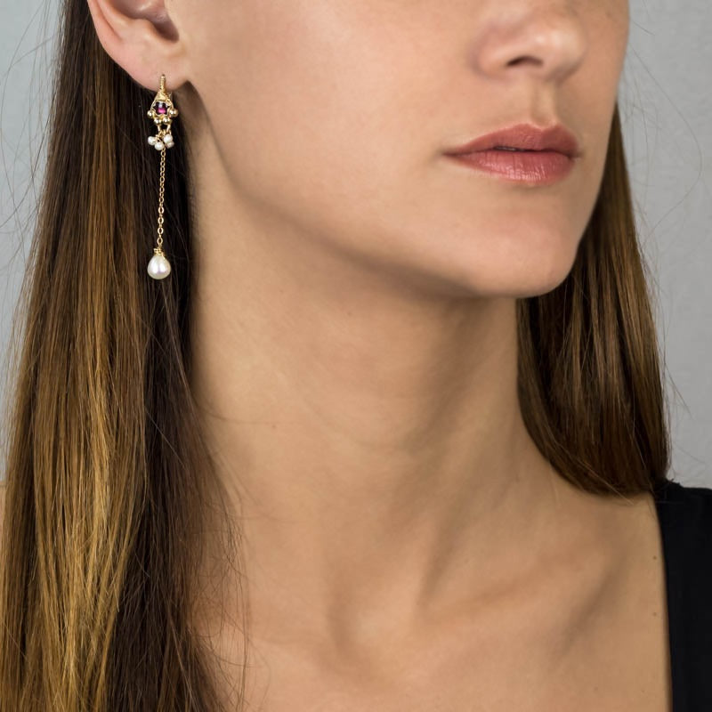 Garnet Pearl Long Spring Earrings