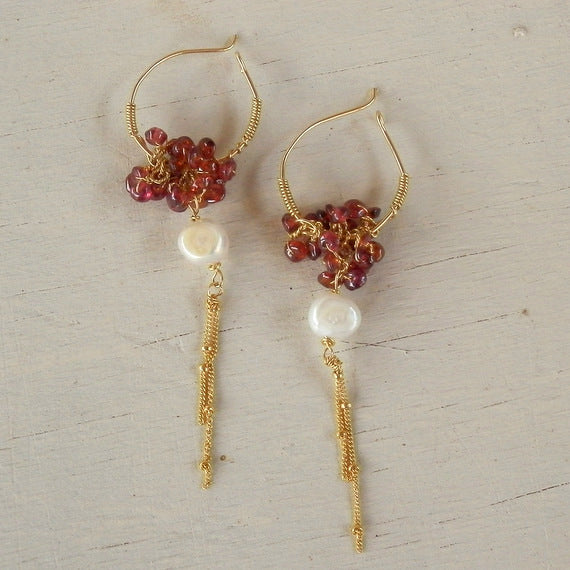 Garnet Pearl Cluster Hoop Earrings