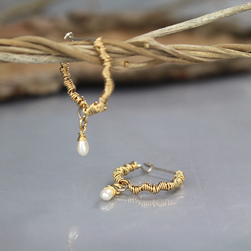 Gold Pearl Wire Wrapped Hoop Earrings