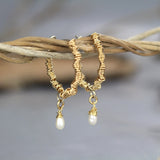 Gold Pearl Wire Wrapped Hoop Earrings