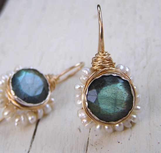 Labradorite  Pearl Flower Earrings in Gold Filled