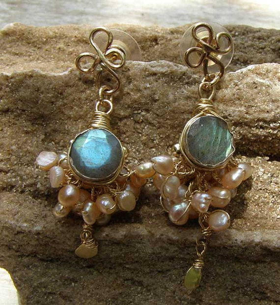 Labradorite and Natural Pearl Camelot Earrings