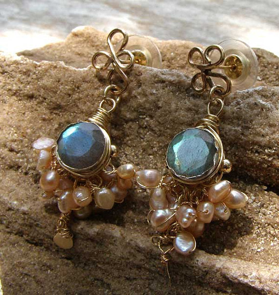 Labradorite and Natural Pearl Camelot Earrings
