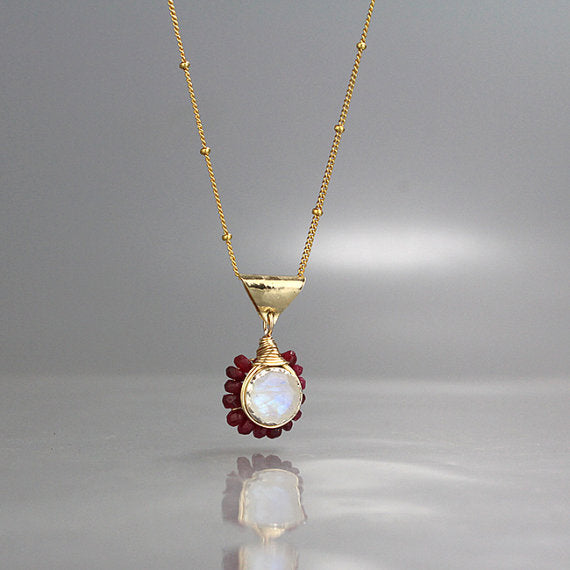 Ruby and Moonstone Flower Necklace