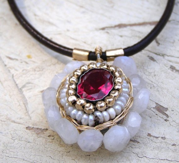 Red Zircon, Moonstones Mandala Necklace
