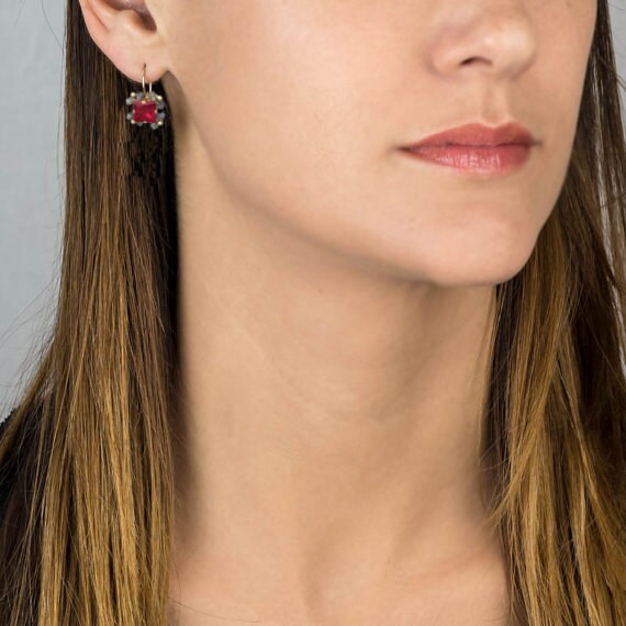 Unique Carnelian Earrings, Vintage Inspired Gemstone Earrings, Square Earrings, Red CZ Earrings, Red Gemstone Earrings, Colorful Jewelry