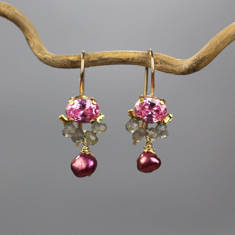 Pink Cluster Earrings, Dainty Jewelry, Pink Earrings, Gemstone Earring, Tiny Clover Earrings, Delicate Earrings, Pink Bridal Earrings