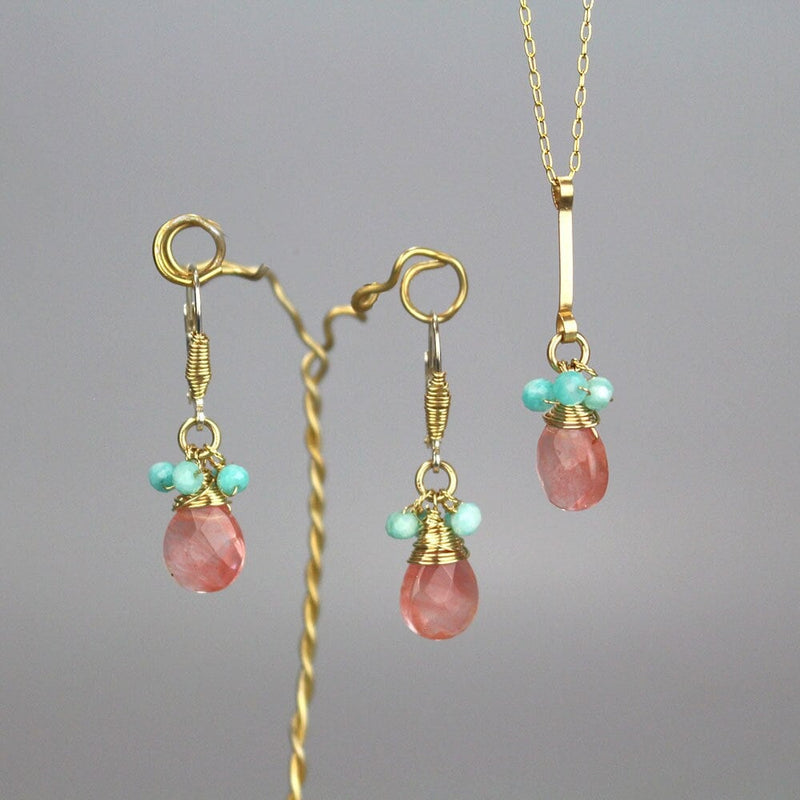 Cherry Quartz and Amazonite Jewelry Set - Earrings and Necklace Set