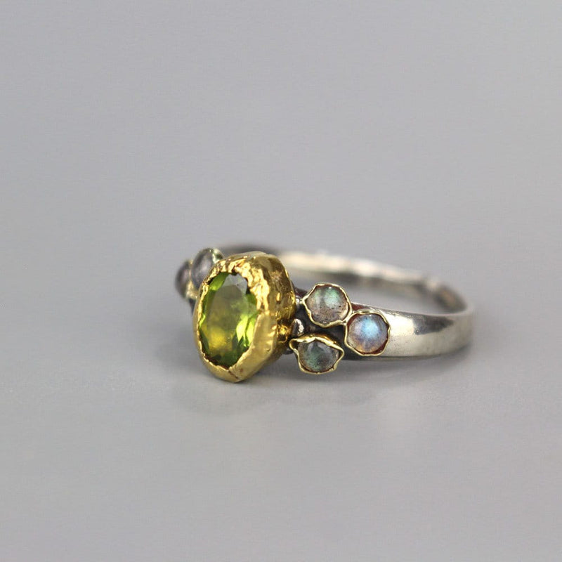 Peridot Engagement Ring, Bohemian Engagement Ring, Mixed Metal Ring, Peridot Labradorite Engagement Ring, August Birthstone, Birthstone Ring