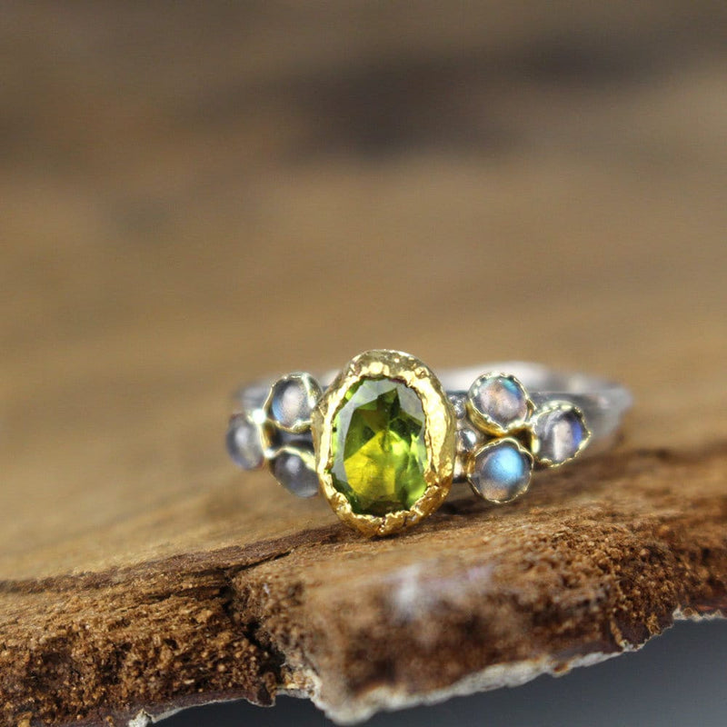 Peridot Engagement Ring, Bohemian Engagement Ring, Mixed Metal Ring, Peridot Labradorite Engagement Ring, August Birthstone, Birthstone Ring