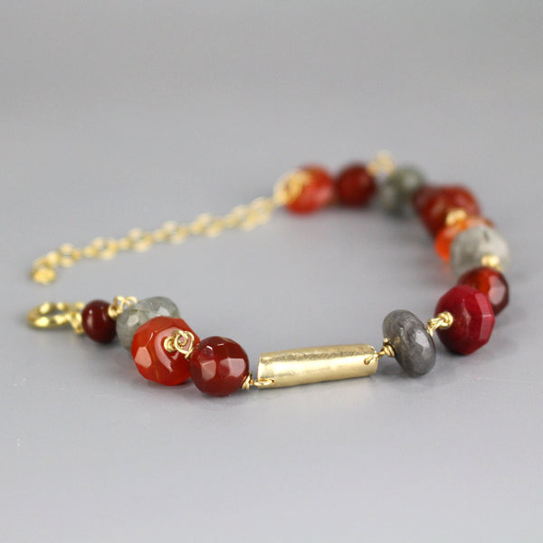 Multi Stone Bracelet, Autumn Jewelry, Red Gemstone Bracelet, Gold Filled Bracelet, Chain Bracelet, Fall Jewelry, Layering Bracelet