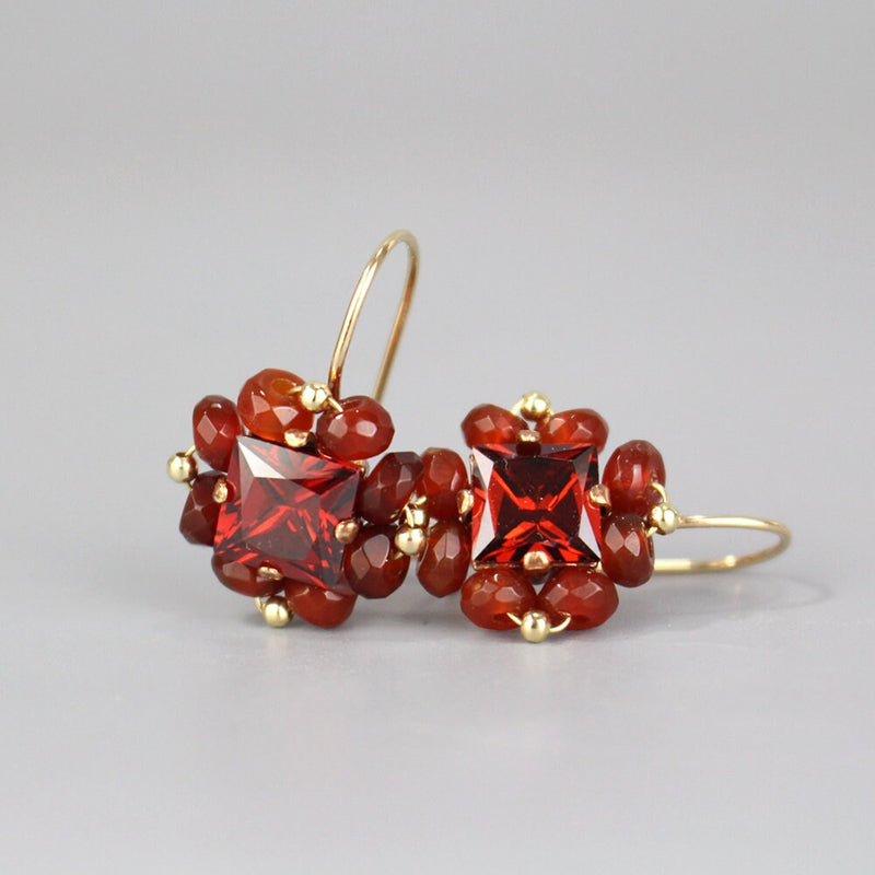 Unique Carnelian Earrings, Vintage Inspired Gemstone Earrings, Square Earrings, Red CZ Earrings, Red Gemstone Earrings, Colorful Jewelry
