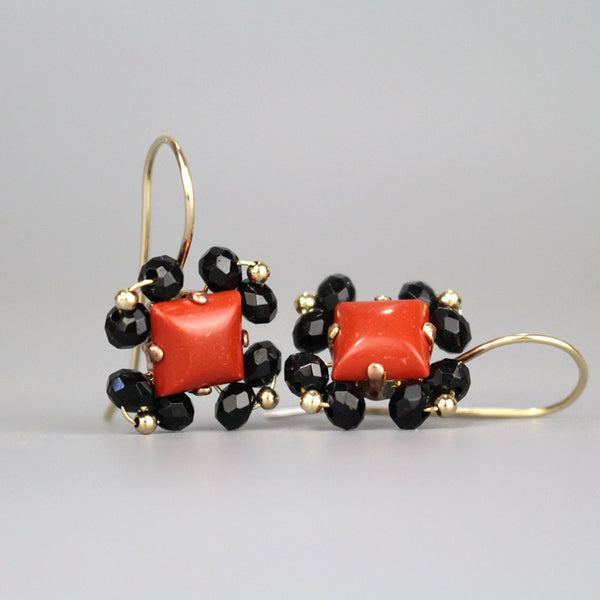Autumn Jewelry, Red Jasper Earrings, Onyx Earrings, Multi-Stone Earrings, Square Drop Earrings