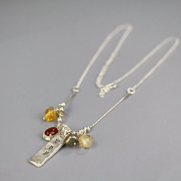 Personalized Necklace, Empowering Gifts, Silver Hebrew Engraved Abundance Necklace, Gemstone Charm Necklace, Carnelian, Citrine, Pearl