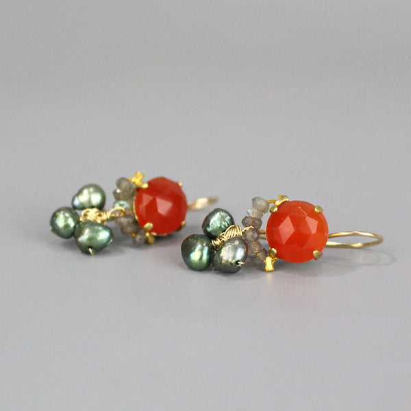 Carnelian Earrings, Gemstone Earrings, Clover Earrings, Small Drop Earrings, Colorful Earrings, Carnelian Labradorite Green Pearls