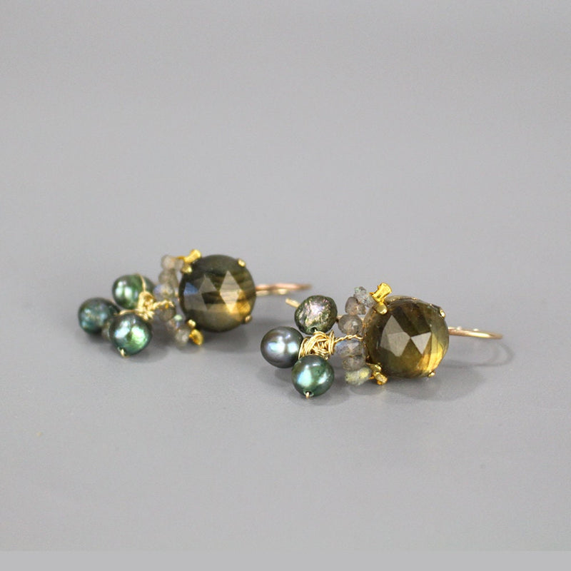 Labradorite Earrings, Labradorite Pearl Earrings, Labradorite Jewelry, Unique Earrings, Gemstone Drop Earrings, Cluster Earrings