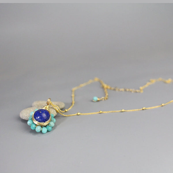 Blue Flower Necklace, Boho Necklace, Lapis Necklace, Amazonite Necklace, Floral Necklace, Bohemian Necklace, Birthday Gift for Mom
