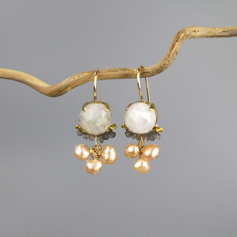 Moonstone Earrings, Bridal Earrings, Unique Wedding Earrings, Gemstone Earrings, Moonstone Pink Pearls Labradorite