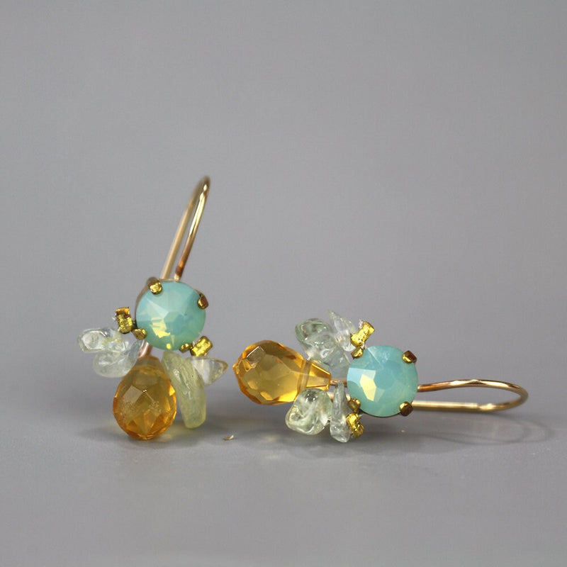 Bohemian Earrings, Gemstone Jewelry, Aqua and Yellow Swarovski Bee Earrings, Bezel Set, Wedding Earrings, Aquamarine Bee Earrings