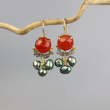 Carnelian Earrings, Gemstone Earrings, Clover Earrings, Small Drop Earrings, Colorful Earrings, Carnelian Labradorite Green Pearls