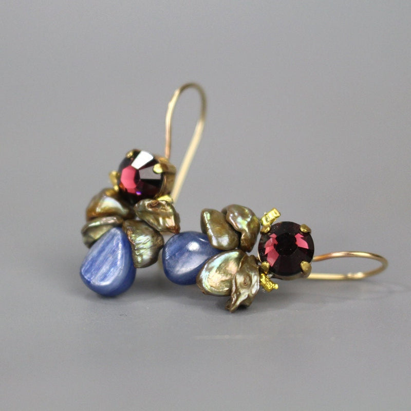 Burgundy Pearl Bee Earrings, Kyanite Drop Earrings, Small Dangle Earrings, Cluster Earrings, Bezel Set Gemstone Jewelry, Winter Fashion