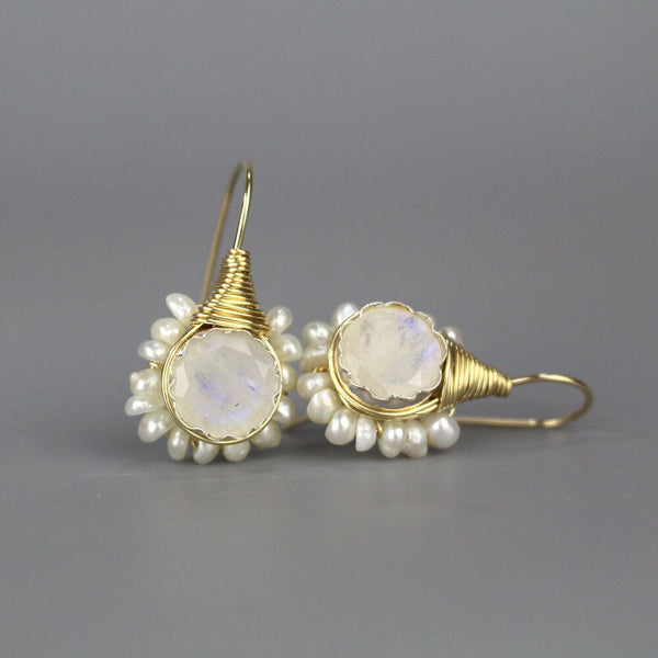 Bridal Wedding Earrings, Moonstone Pearl Flower Earrings, Rainbow Moonstone Jewelry, Unique Wedding Earrings
