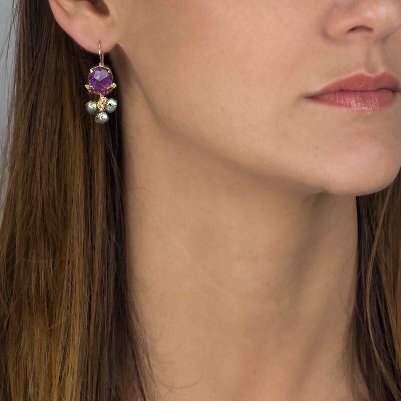 Amethyst Clover Earrings, Amethyst Cluster Earrings, February Birthstone Gift, Pearl Drop Earrings, Bridal Earrings, Bridesmaid Earrings