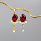 Oval Gemstone Earrings, Fuchsia Earrings, Bohemian Earrings, Pearl Drop Earrings, Pearl Earrings, Bridal Earrings, Bridal Jewelry