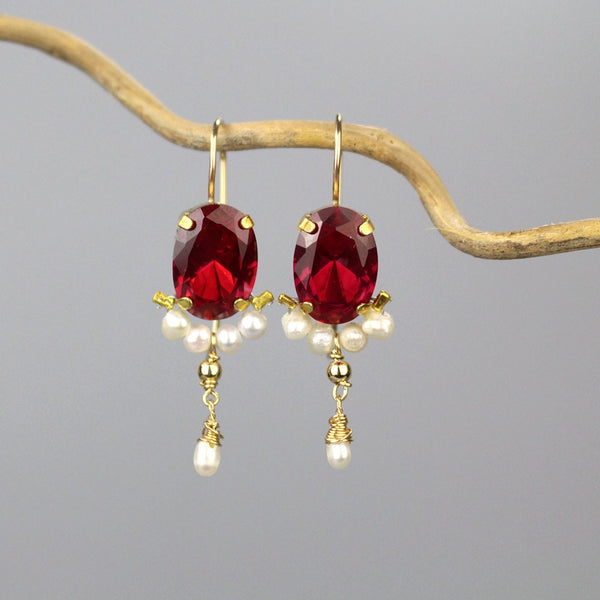 Oval Gemstone Earrings, Fuchsia Earrings, Bohemian Earrings, Pearl Drop Earrings, Pearl Earrings, Bridal Earrings, Bridal Jewelry