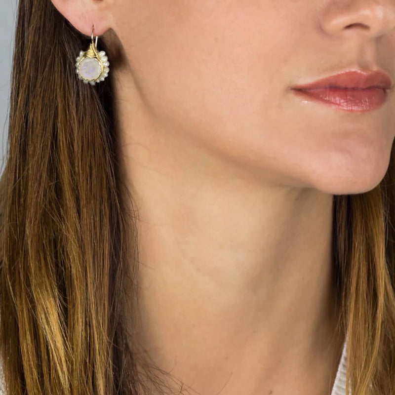 Bridal Wedding Earrings, Moonstone Pearl Flower Earrings, Rainbow Moonstone Jewelry, Unique Wedding Earrings