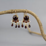 Pearl Garnet Drop Earrings, Vintage Style Earrings, Garnet Earrings, Large Fan Earrings, January Birthstone Earrings, Bridal Earrings