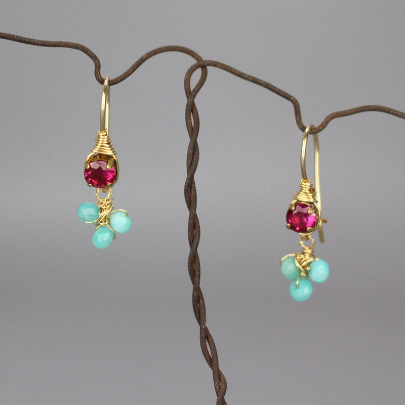 Small Pink Zircon Amazonite Cluster Drop Earrings