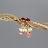 Small Gemstone Spring Stud Earrings - Red Zircon Pearls Cherry Quartz