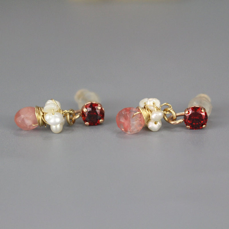 Small Gemstone Spring Stud Earrings - Red Zircon Pearls Cherry Quartz