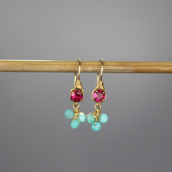 Small Pink Zircon Amazonite Cluster Drop Earrings