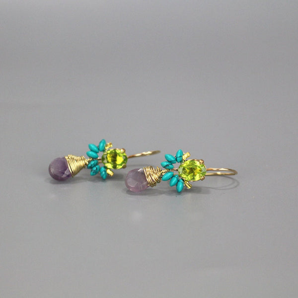 Peridot Earrings, Gemstone Earrings,  Peridot Turquoise Howlite Amethyst Earrings, Drop Earrings, Spring Jewelry, Colorful Earrings