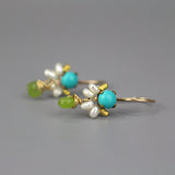 Turquoise Earrings, Dainty Earrings, Small Drop Earrings, Pearl Cluster Earrings, Colorful Gemstone Earrings, Bohemian Bridesmaid Earrings