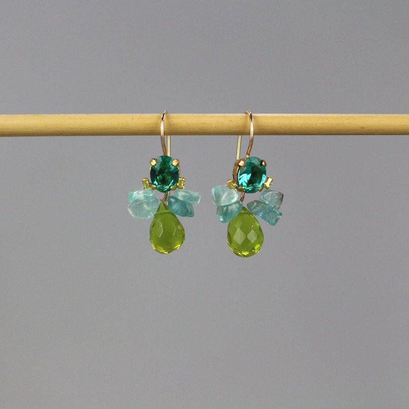 Blue and Green Earrings, Apatite Cluster Earrings, Small Bee Earrings, Green Drop Earrings, Summer Jewelry, Bohemian Colorful Earrings