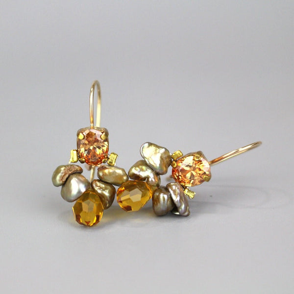 Dainty Champagne Cubic Zirconia Earrings, Rustic Wedding Earrings, Bridesmaid Earrings, Cluster Earrings, Petite Gemstone Earrings